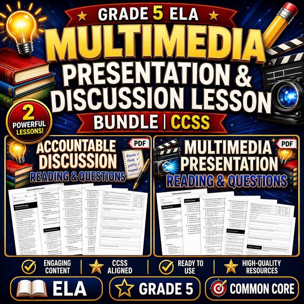 Grade 5 ELA Multimedia Presentation & Discussion Lesson Bundle | CCSS — bundle cover