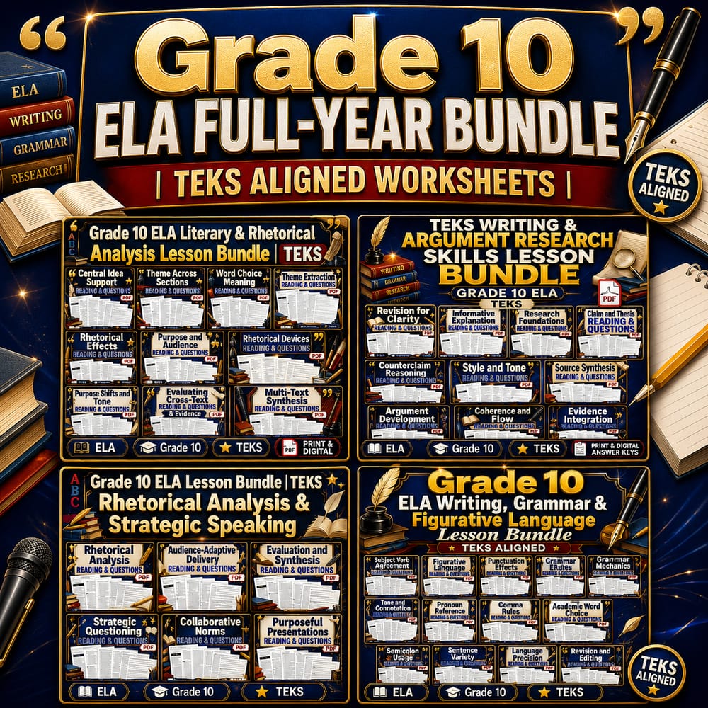 Grade 10 ELA Full-Year Bundle | TEKS Aligned Worksheets — bundle cover