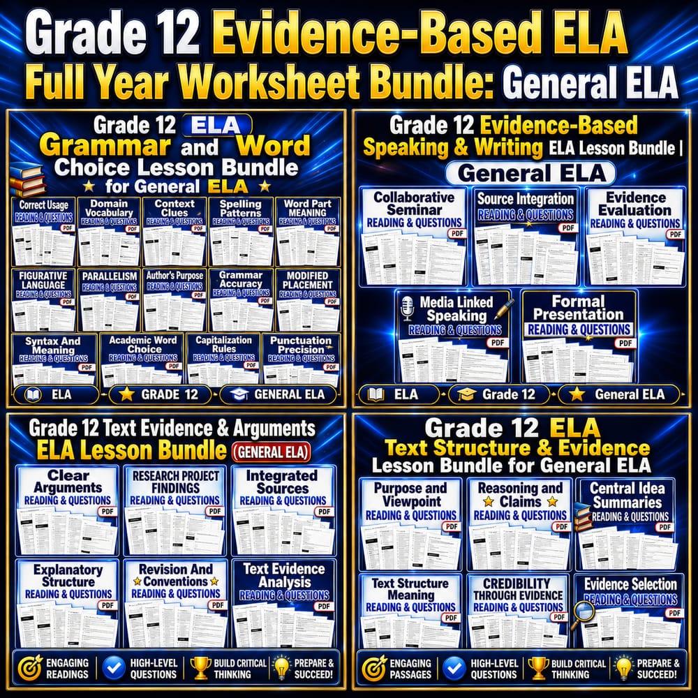 Grade 12 Evidence-Based ELA Full Year Worksheet Bundle: General ELA — bundle cover