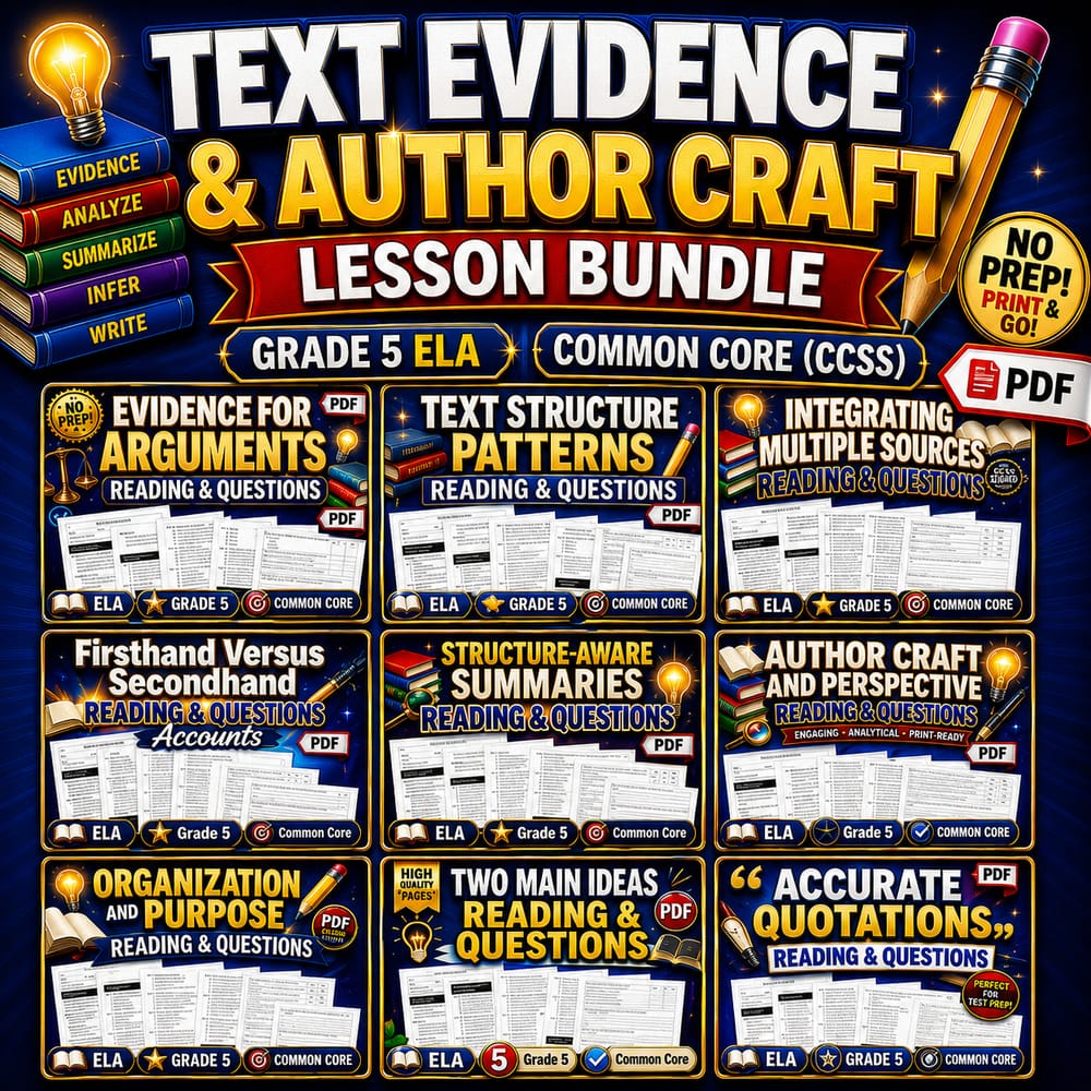 Text Evidence and Author Craft Lesson Bundle | Grade 5 ELA | Common Core (CCSS) — bundle cover