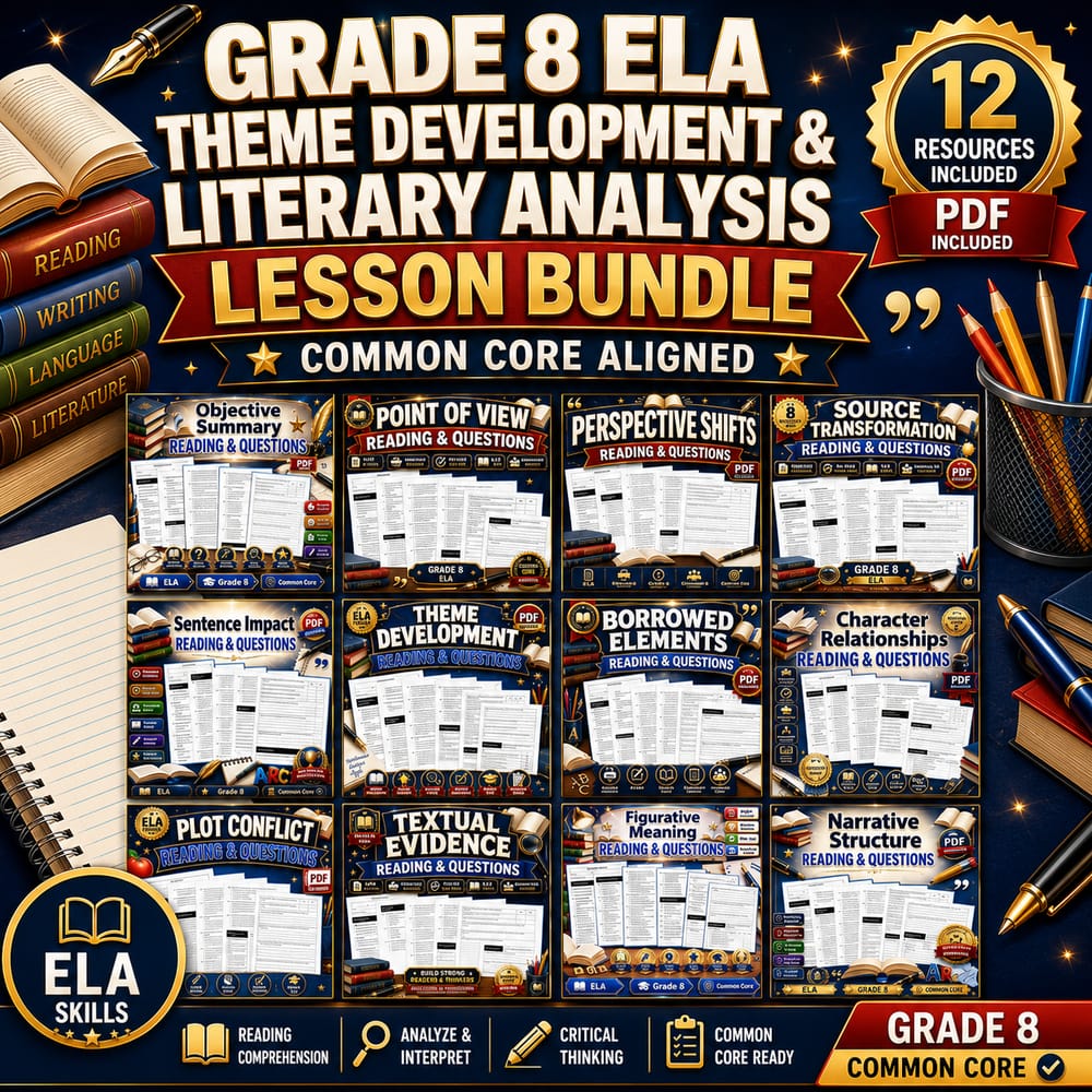 Grade 8 ELA Theme Development & Literary Analysis Lesson Bundle | Common Core — bundle cover