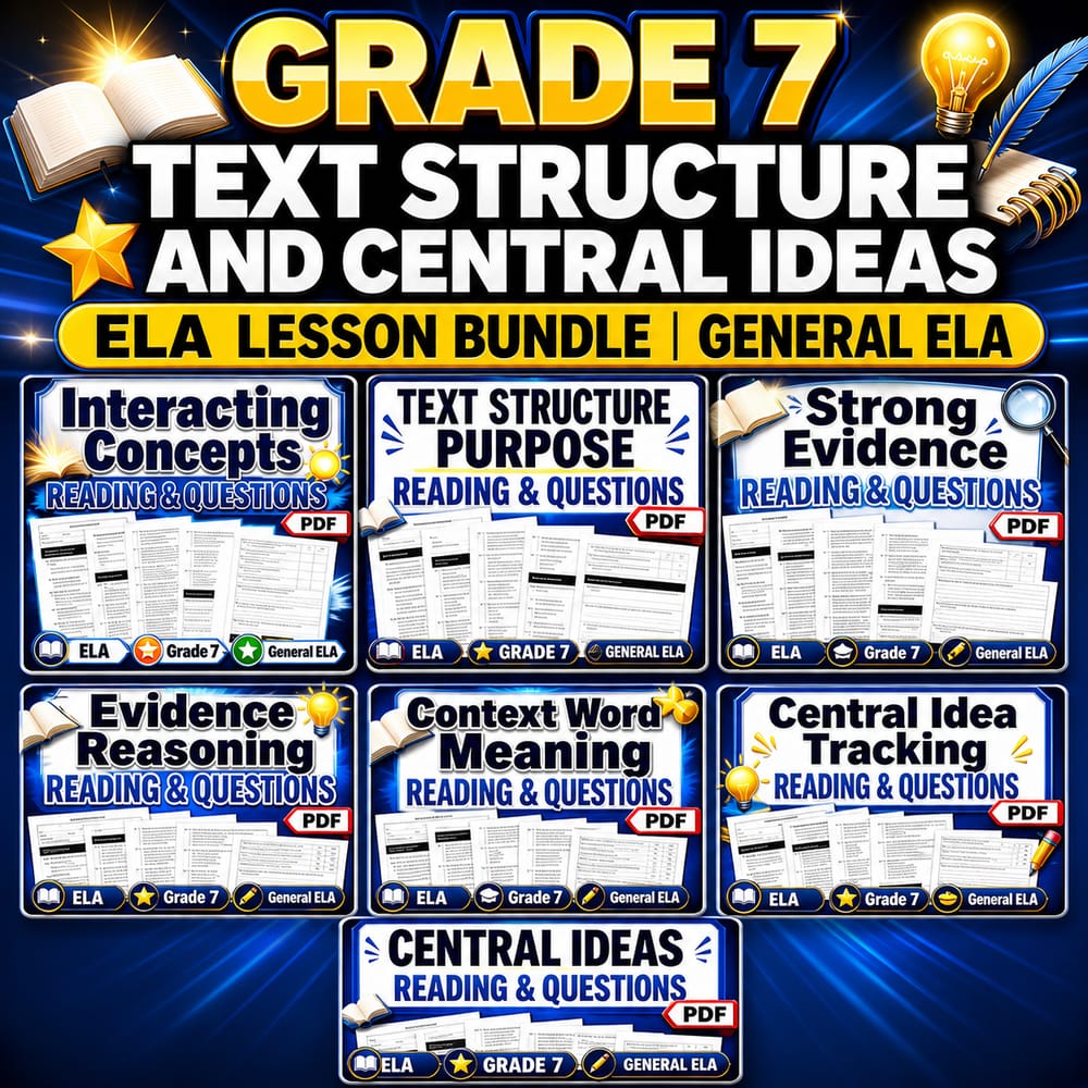 Grade 7 Text Structure and Central Ideas ELA Lesson Bundle | General ELA — bundle cover