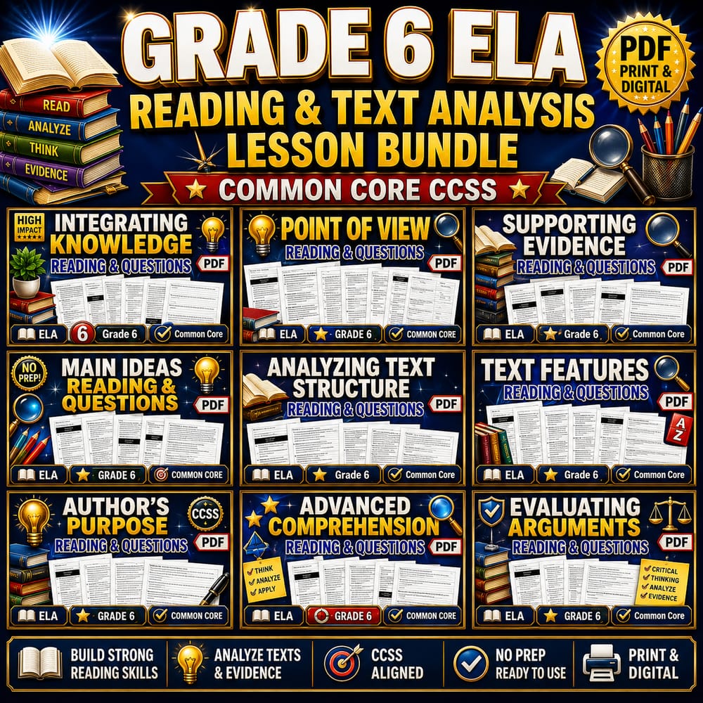 Grade 6 ELA Reading & Text Analysis Lesson Bundle | CCSS — bundle cover