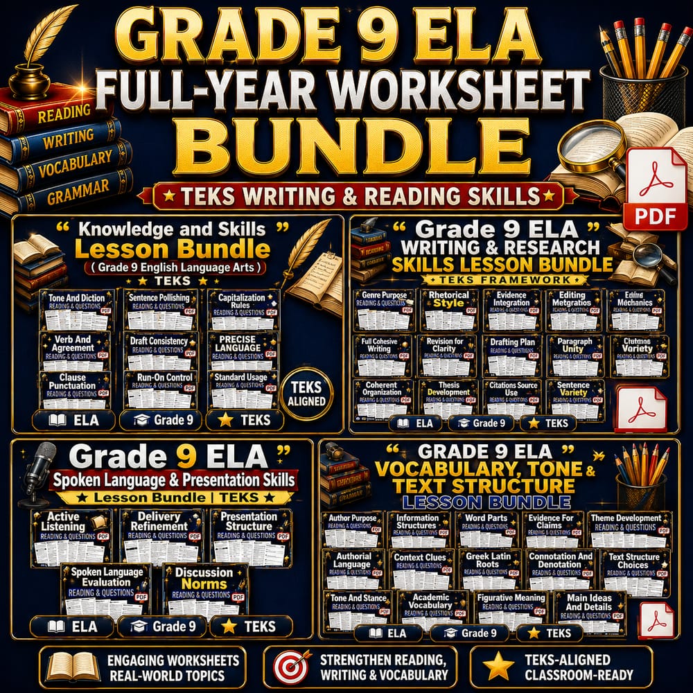 Grade 9 ELA Full-Year Worksheet Bundle | TEKS Writing & Reading Skills — bundle cover