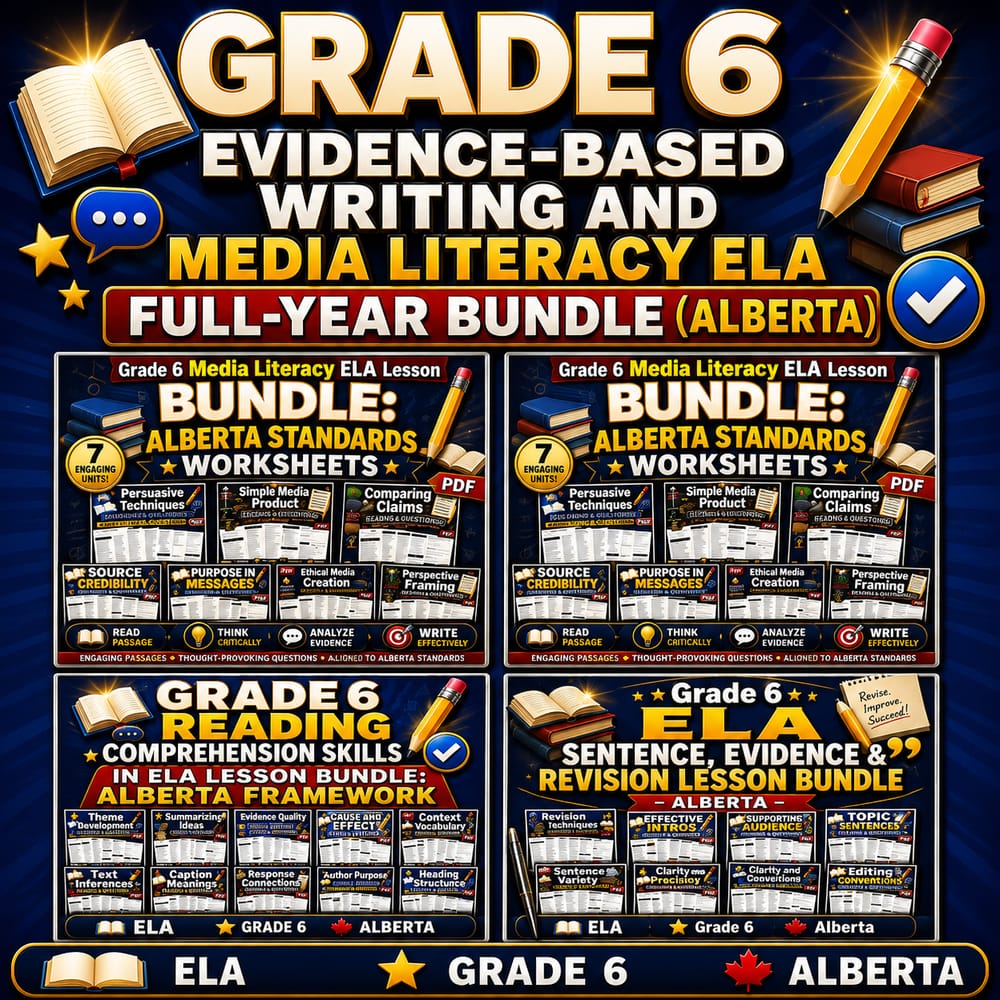 Grade 6 Evidence-Based Writing and Media Literacy ELA Full-Year Bundle (Alberta) — bundle cover