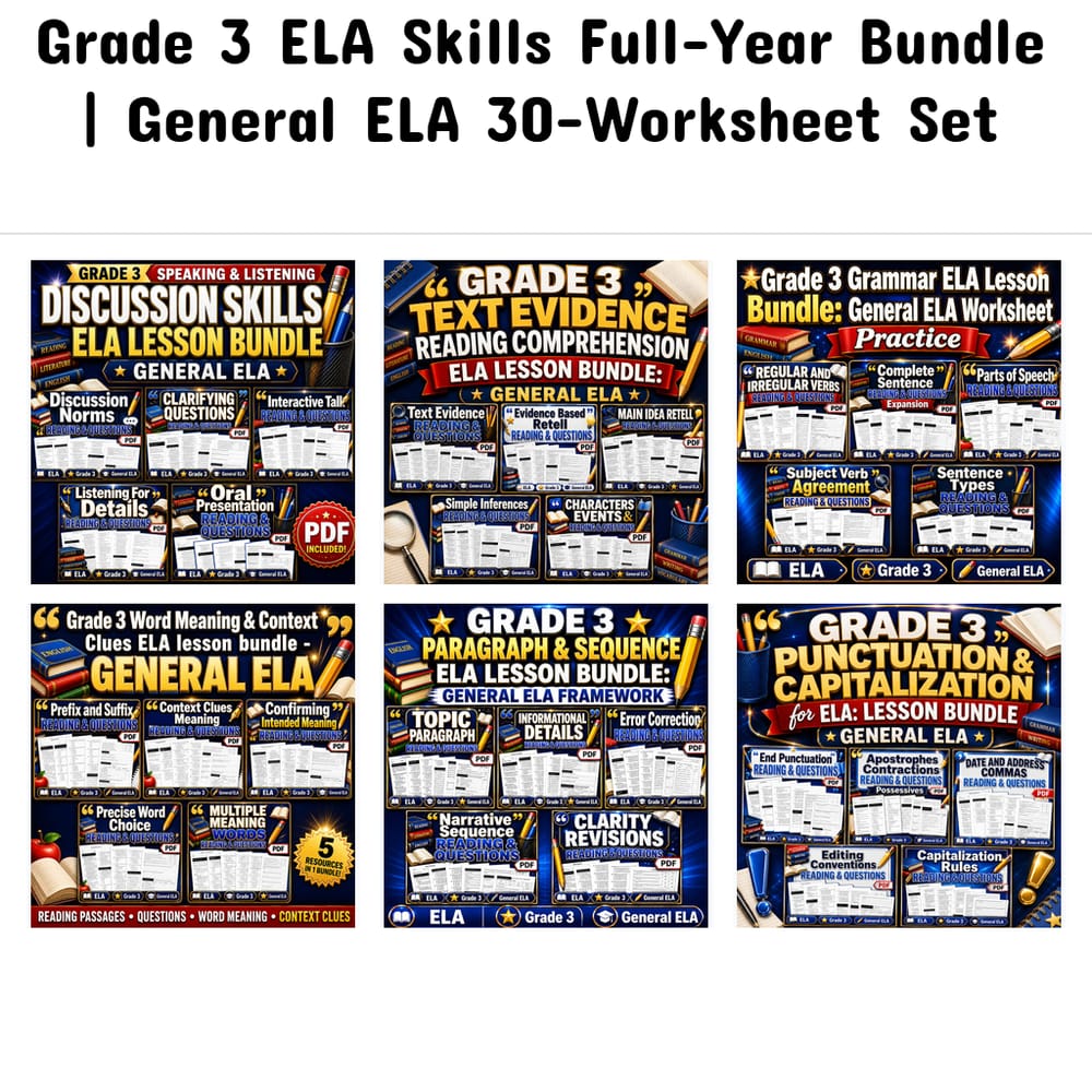 Grade 3 ELA Skills Full-Year Bundle | General ELA 30-Worksheet Set — bundle cover
