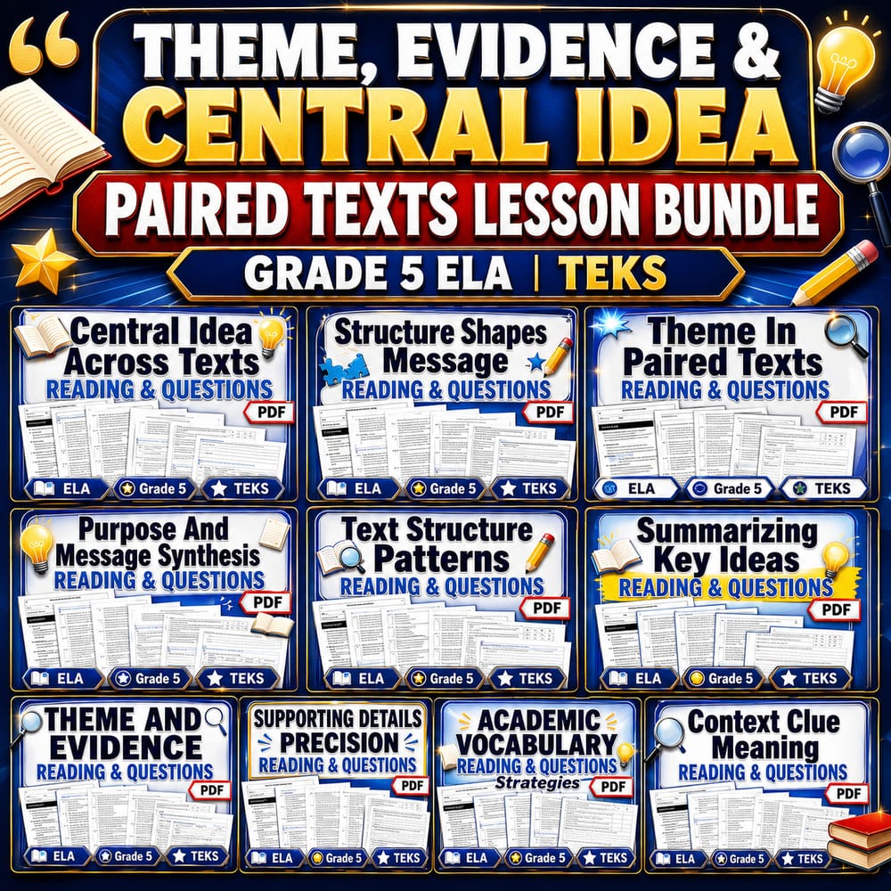 Theme, Evidence & Central Idea Paired Texts Lesson Bundle | Grade 5 ELA | TEKS — bundle cover
