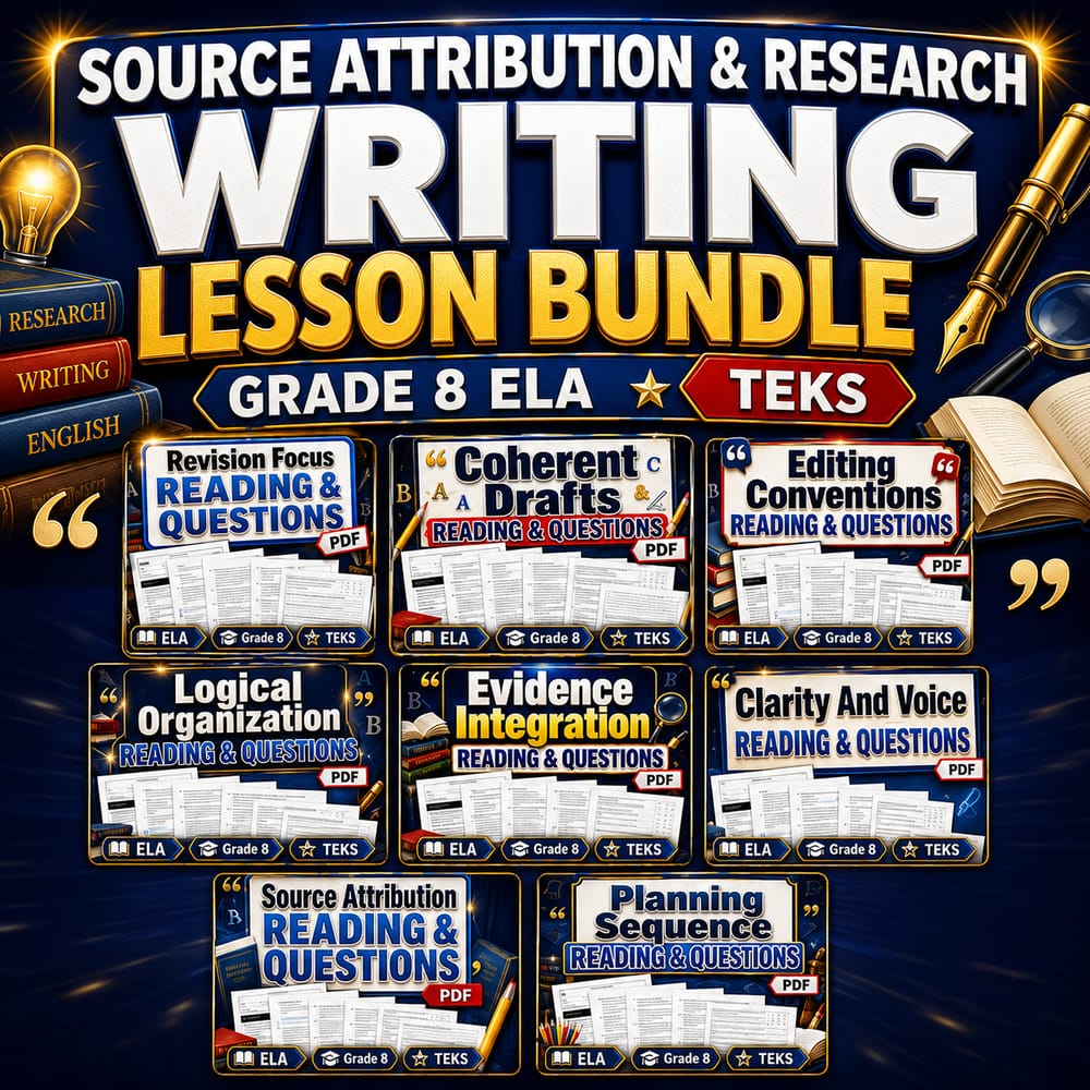 Source Attribution & Research Writing Lesson Bundle | Grade 8 ELA | teks — bundle cover