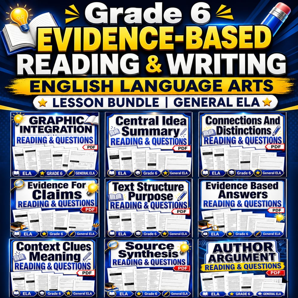 Grade 6 Evidence Based Reading & Writing English Language Lessons General ELA — bundle cover