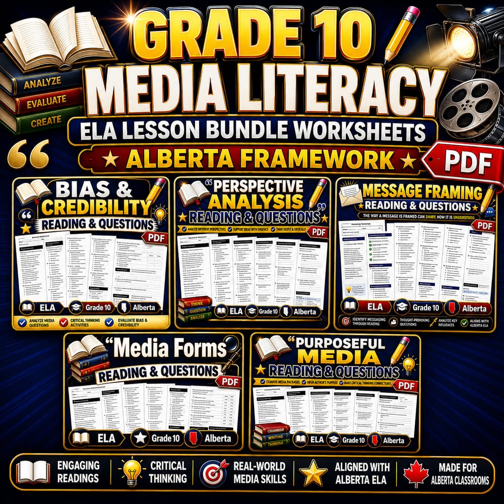 Grade 10 Media Literacy ELA Lesson Bundle Worksheets – Alberta Framework — bundle cover