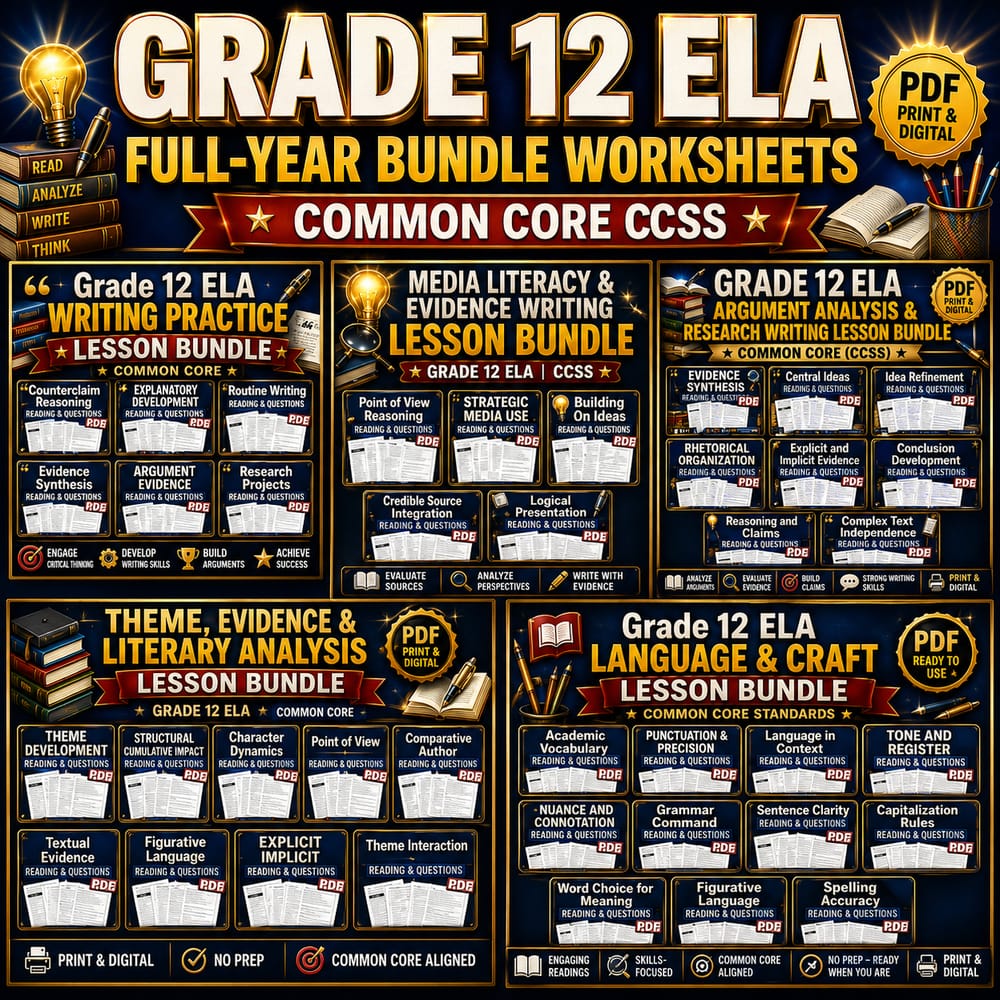 Grade 12 ELA Full-Year Bundle Worksheets | Common Core CCSS — bundle cover