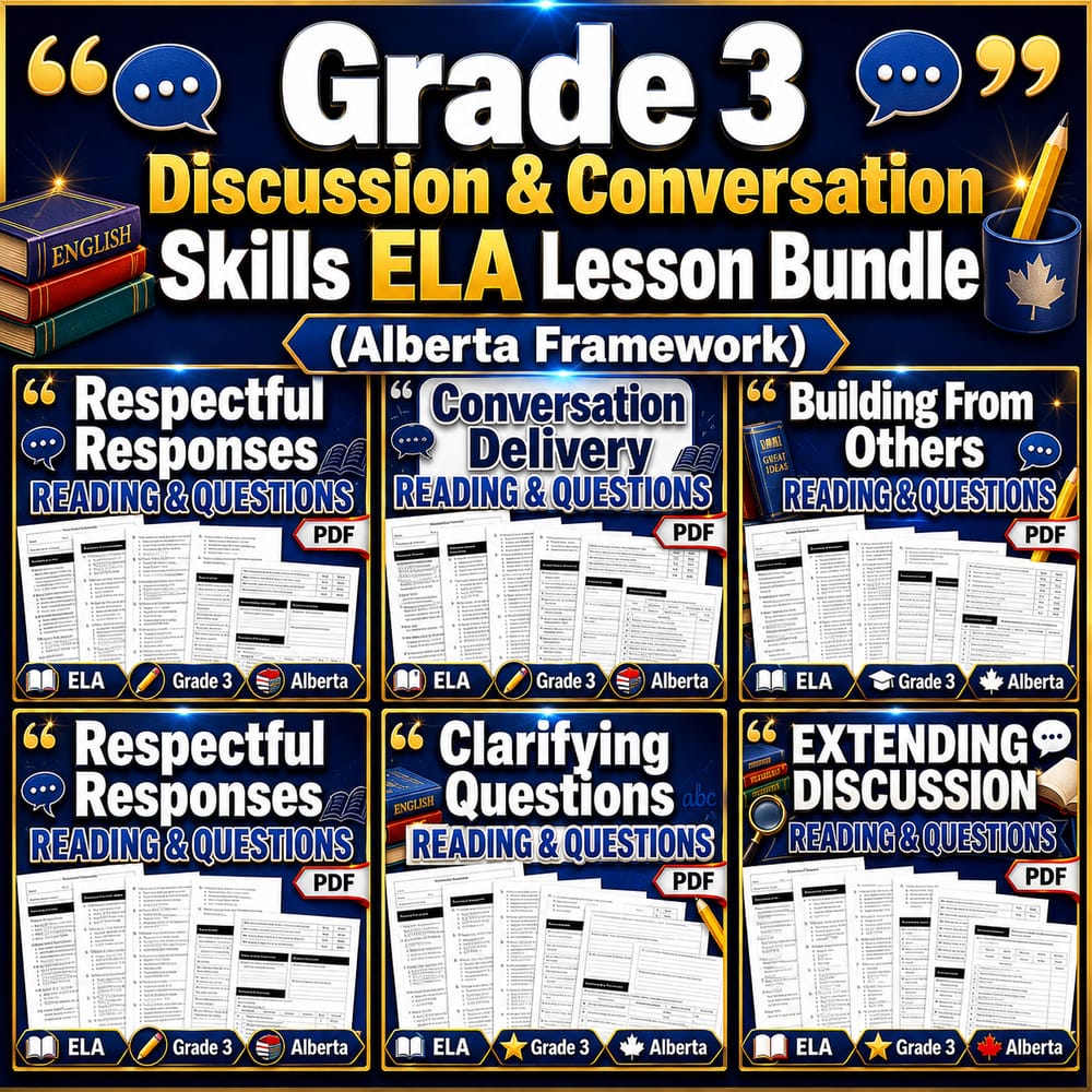 Grade 3 Discussion & Conversation Skills ELA Lesson Bundle (Alberta Framework) — bundle cover