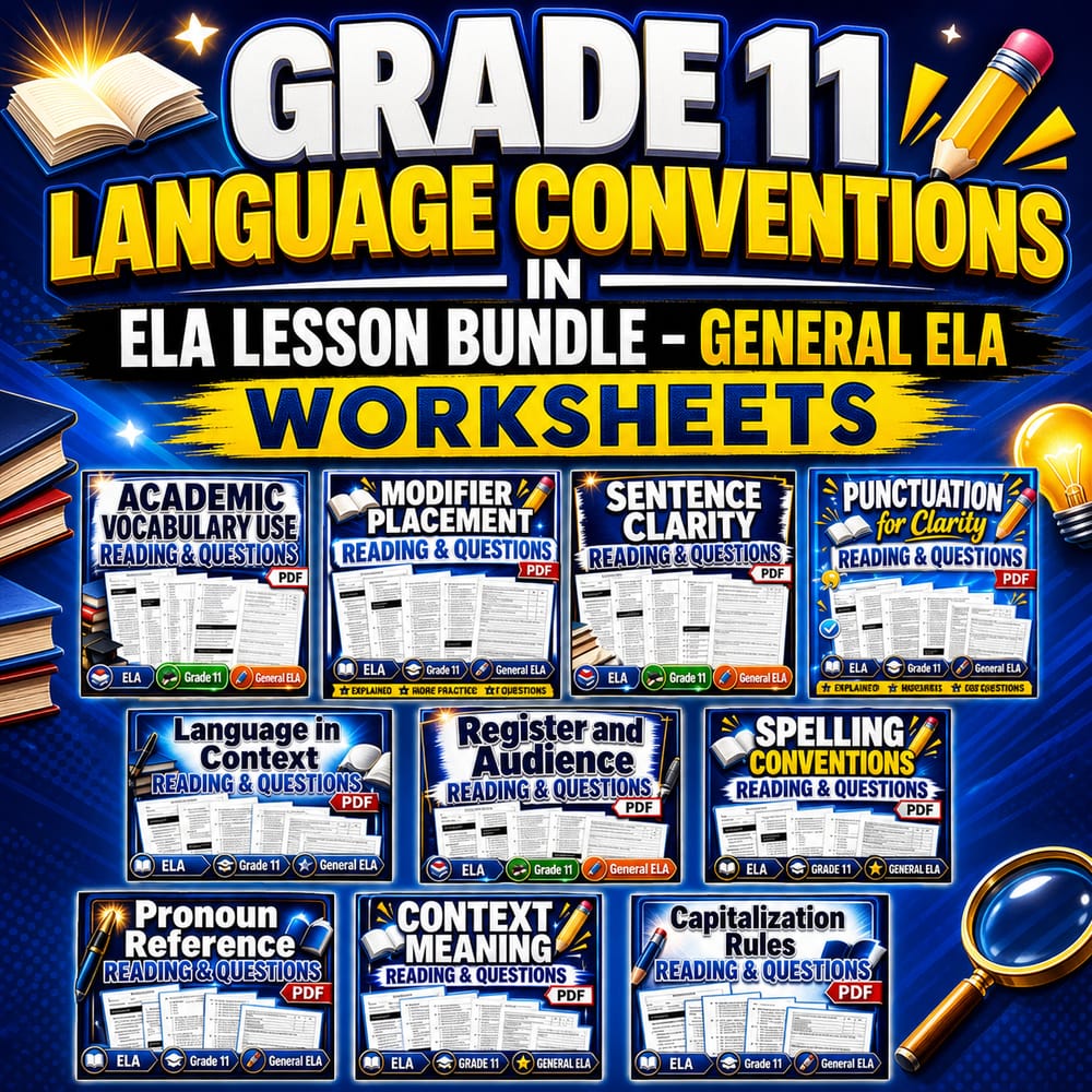 Grade 11 Language Conventions in ELA Lesson Bundle – General ELA Worksheets — bundle cover