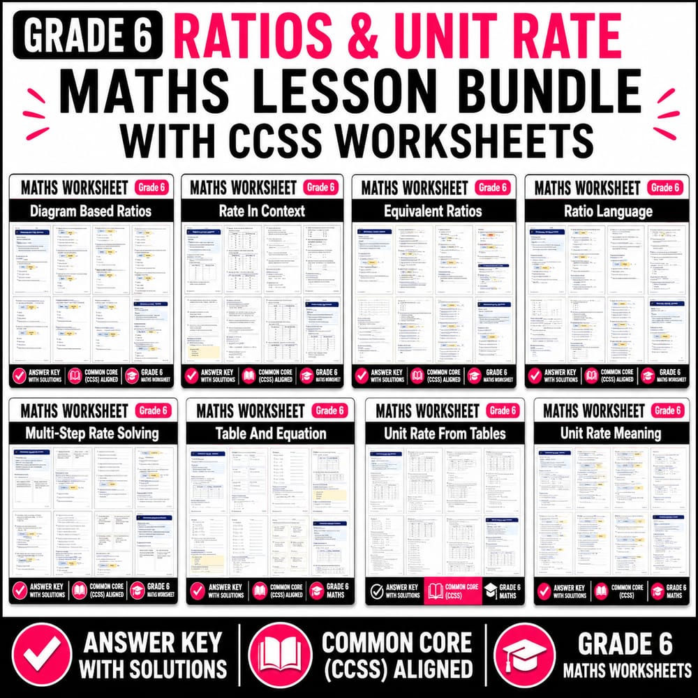 Grade 6 Ratios & Unit Rate Maths Lesson Bundle with CCSS Worksheets — bundle cover