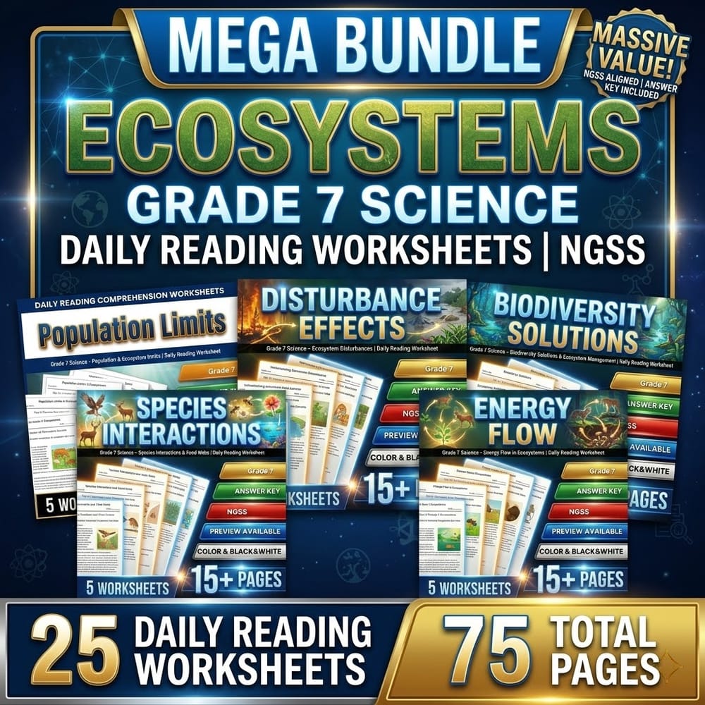 Ecosystems Grade 7 Science Daily Reading Worksheets Bundle | NGSS — bundle cover