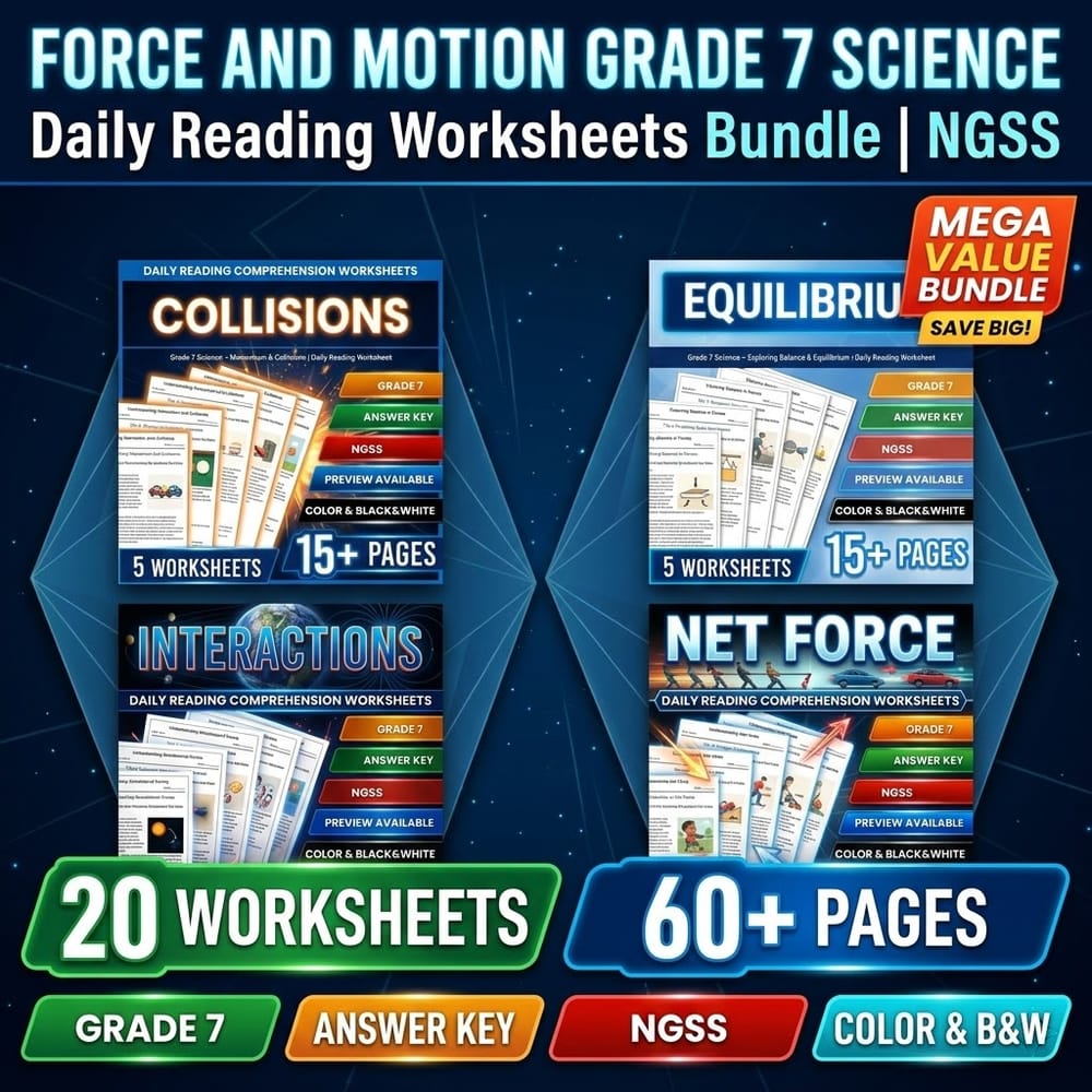 Force and Motion Grade 7 Science Daily Reading Worksheets Bundle | NGSS — bundle cover