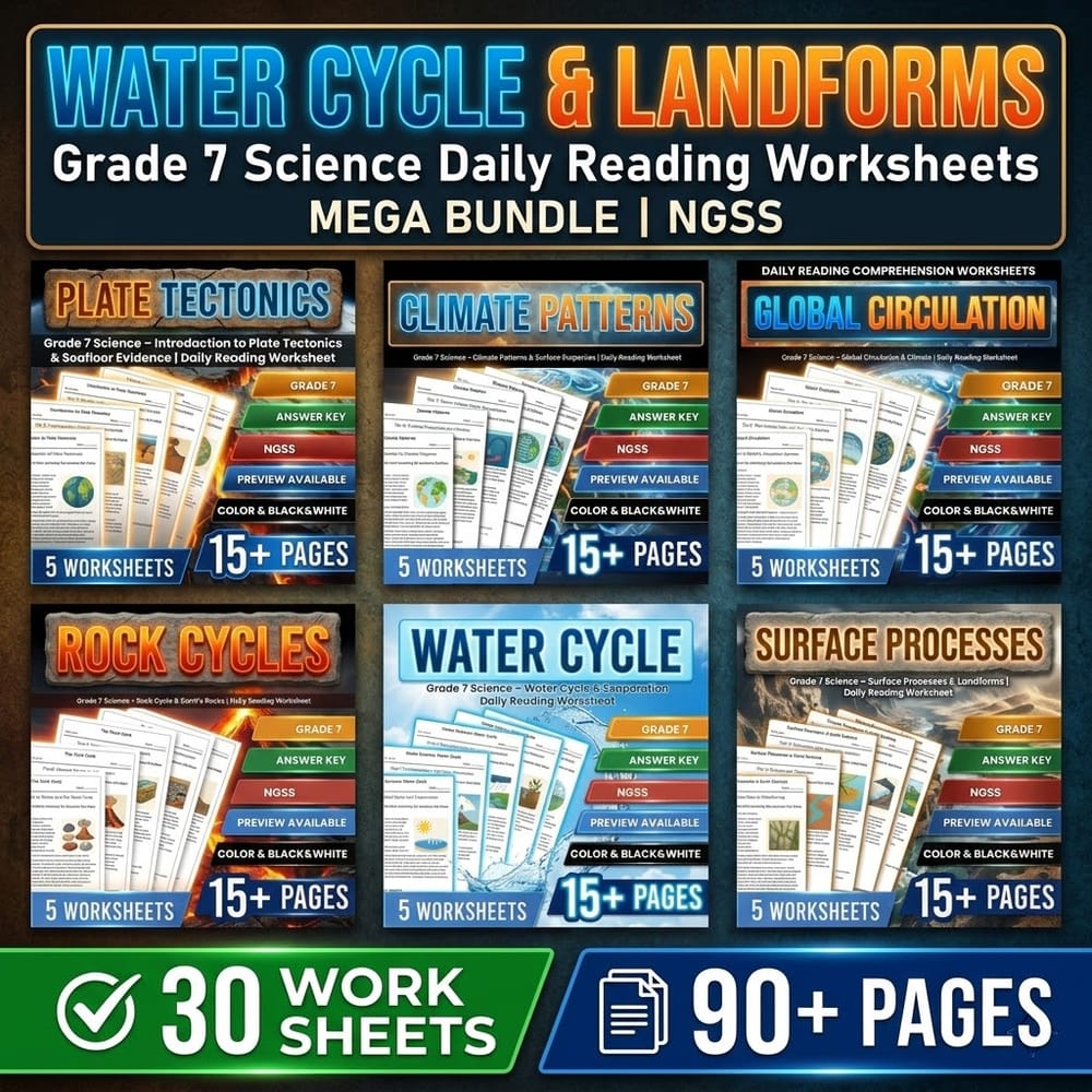 Water Cycle & Landforms Grade 7 Science Daily Reading Worksheets Bundle | NGSS — bundle cover