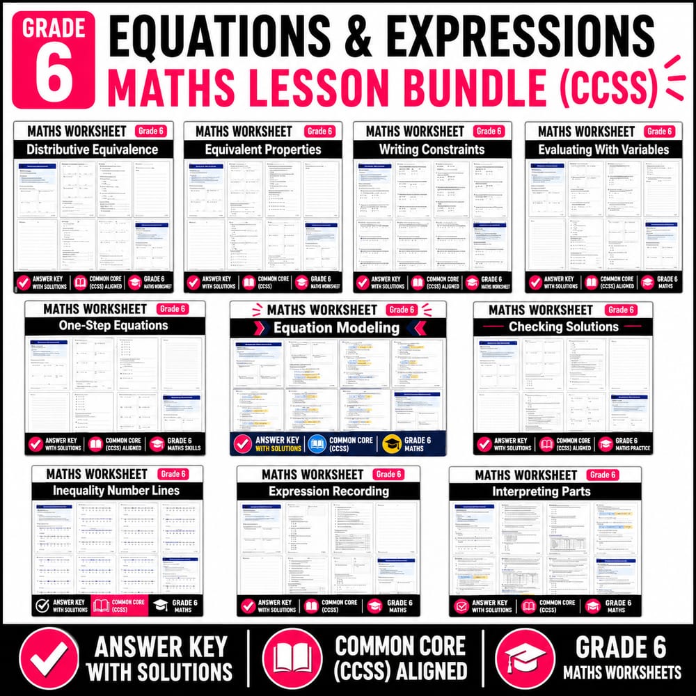 Grade 6 Equations & Expressions Maths Lesson Bundle (CCSS) — bundle cover