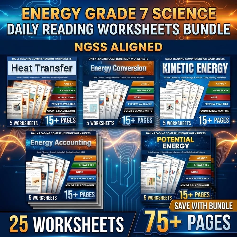 Energy Grade 7 Science Daily Reading Worksheets Bundle | NGSS — bundle cover