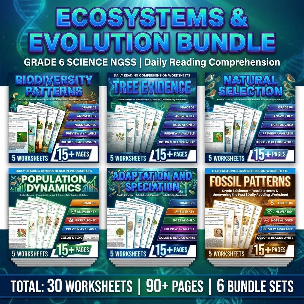 Grade 6 Science Biological Evolution Worksheet Bundle | NGSS Standards — bundle cover