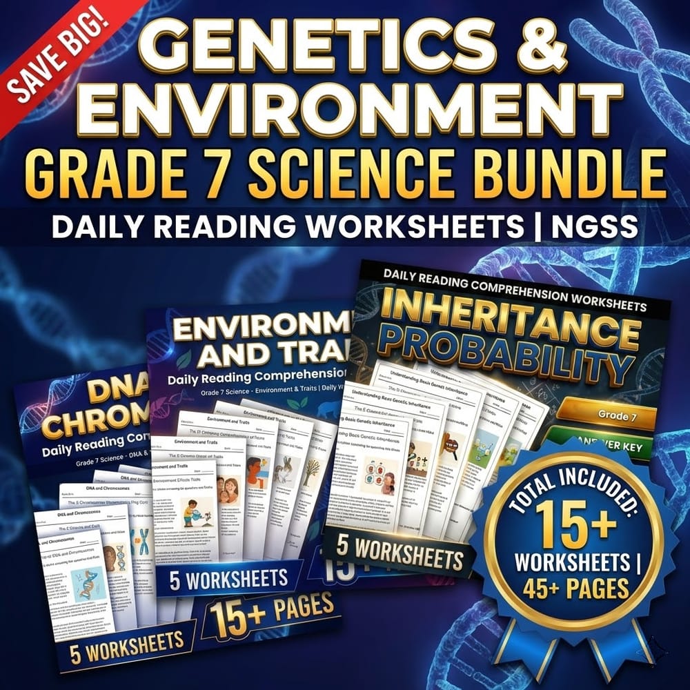 Genetics and Environment Grade 7 Science Daily Reading Worksheets Bundle | NGSS — bundle cover