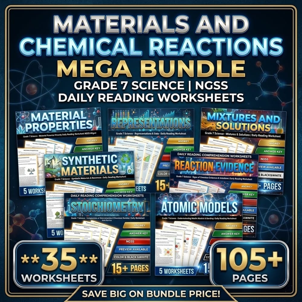 Materials and Chemical Reactions Grade 7 Science Worksheets Bundle | NGSS — bundle cover