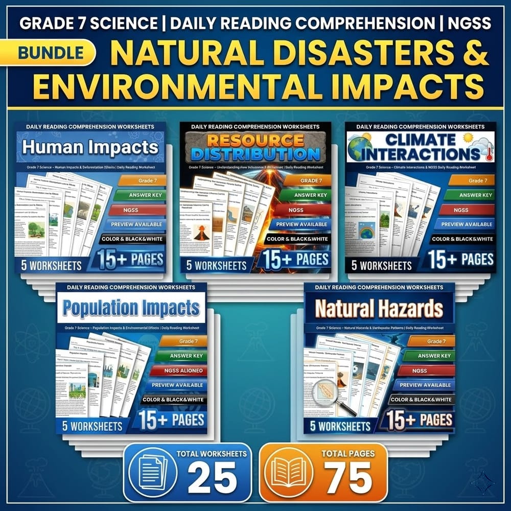Natural Disasters and Environmental Impacts Grade 7 Worksheets Bundle | NGSS — bundle cover