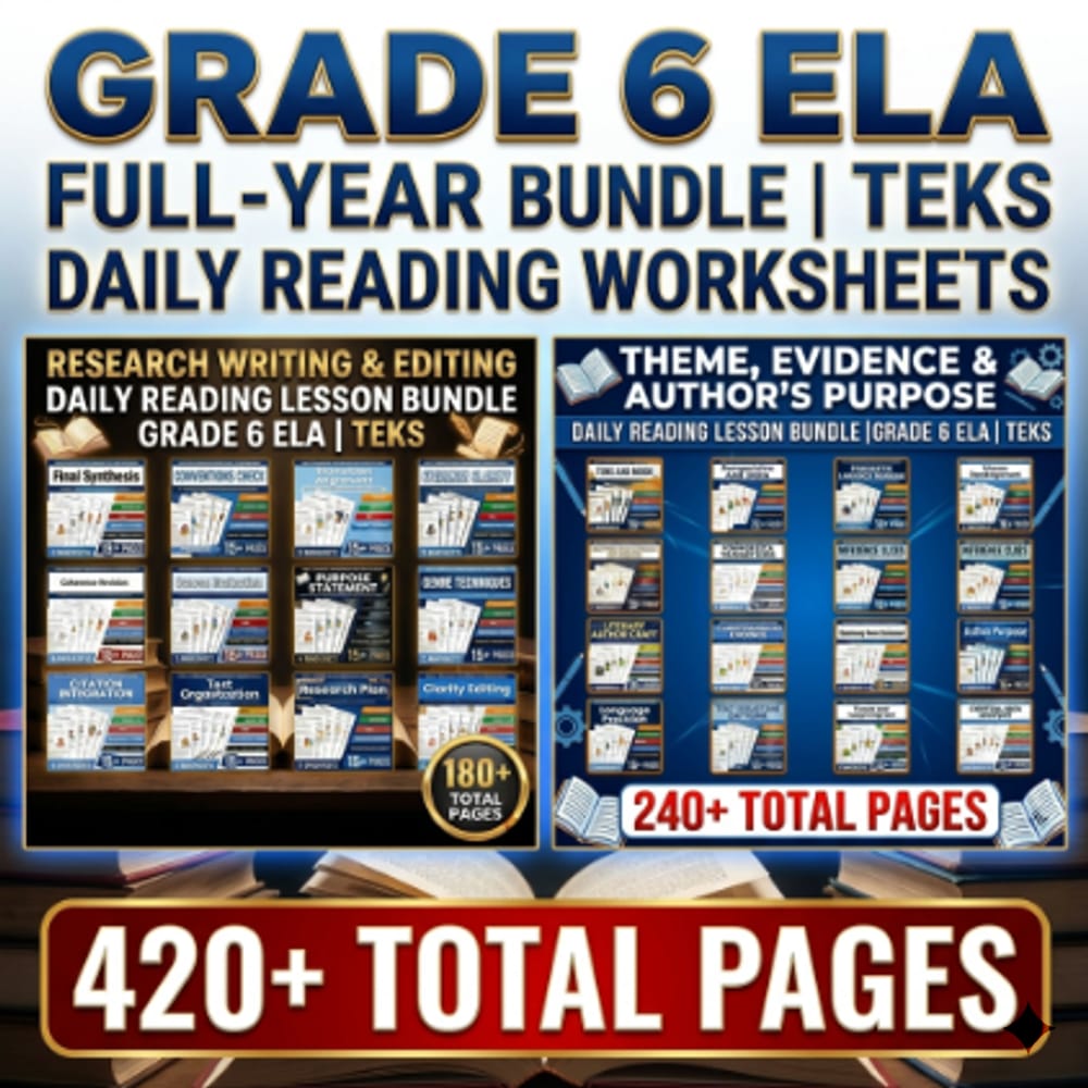 Grade 6 ELA Full-Year Bundle | TEKS Daily Reading Worksheets — bundle cover
