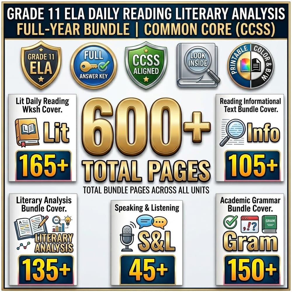 Grade 11 Daily Reading ELA Literary Analysis Full-Year Bundle Common Core (CCSS) — bundle cover