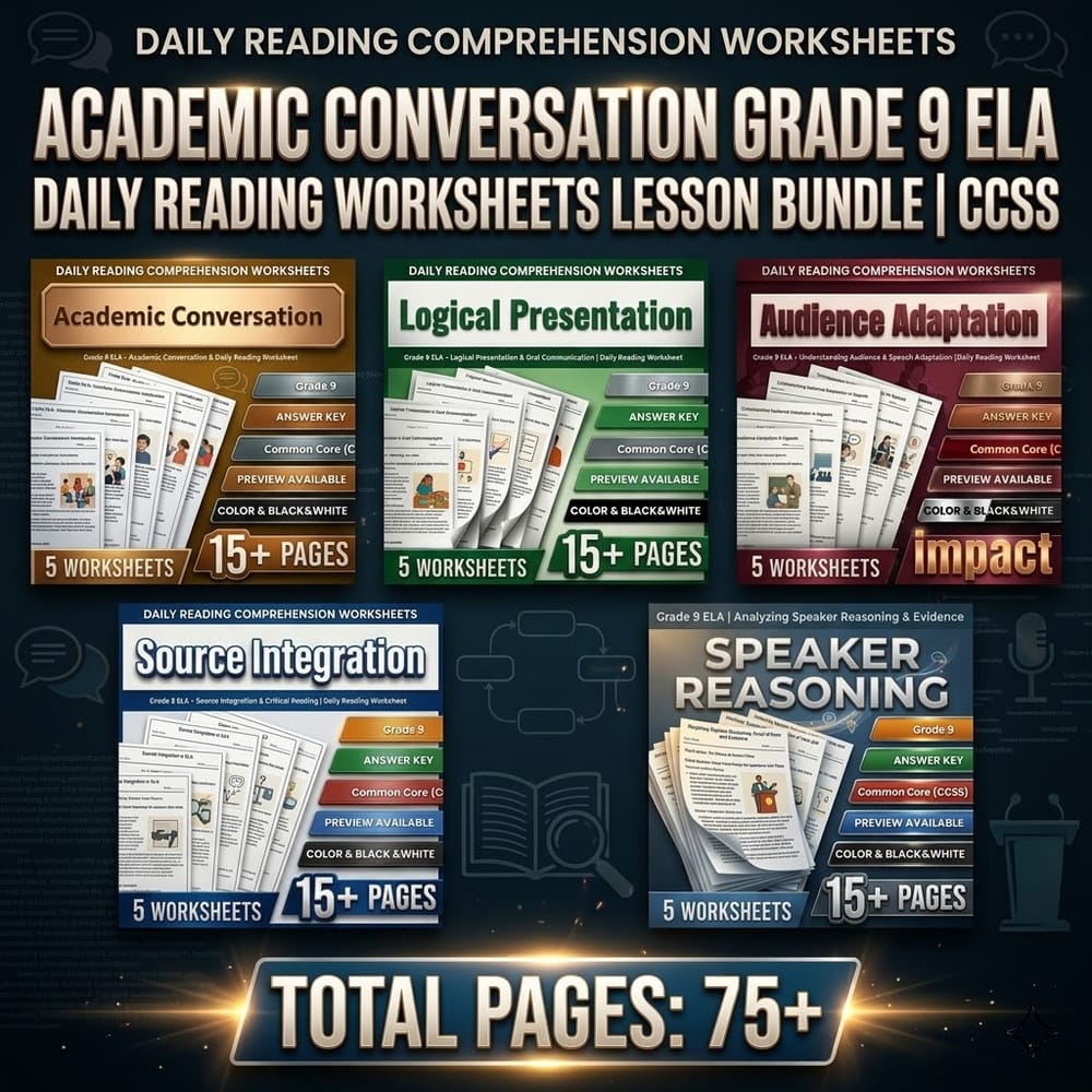 Academic Conversation Grade 9 ELA Daily Reading Worksheets Lesson Bundle | CCSS — bundle cover
