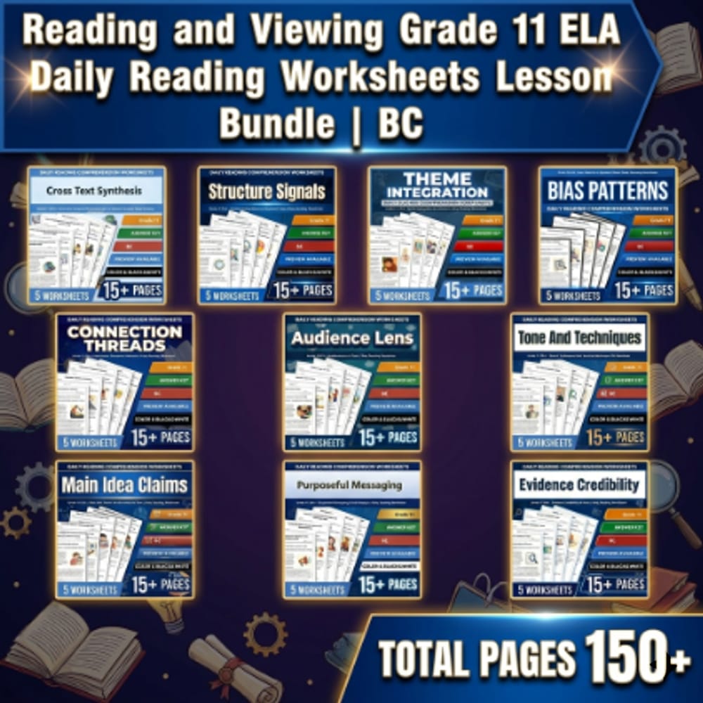 Reading and Viewing Grade 11 ELA Daily Reading Worksheets Lesson Bundle | BC — bundle cover