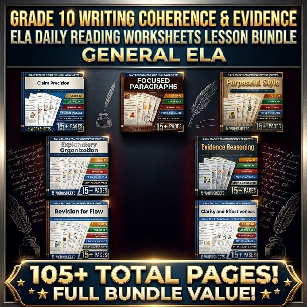 Grade 10 Writing Coherence & Evidence ELA Daily Reading Worksheets Lesson Bundle | General ELA — bundle cover