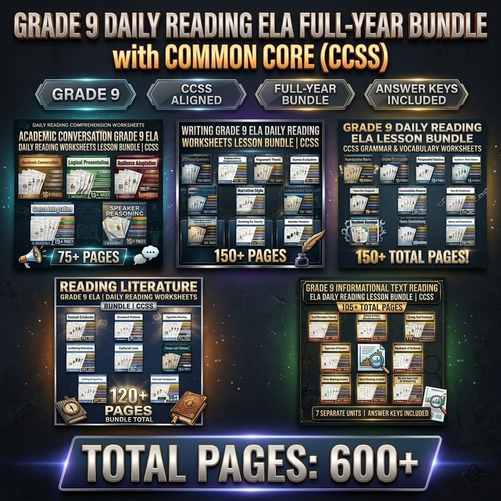 Grade 9 Daily Reading ELA Full-Year Bundle with Common Core (CCSS) — bundle cover