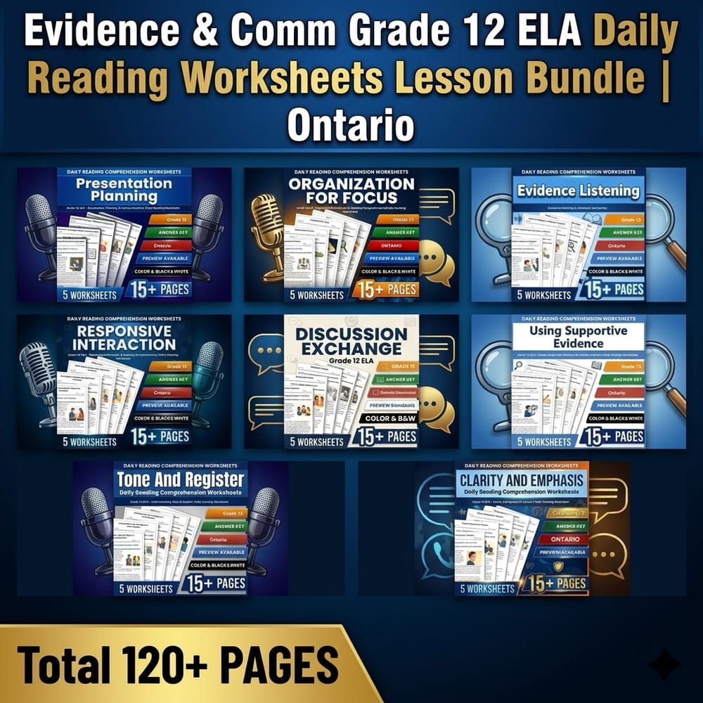 Evidence & Comm Grade 12 ELA Daily Reading Worksheets Lesson Bundle | Ontario — bundle cover