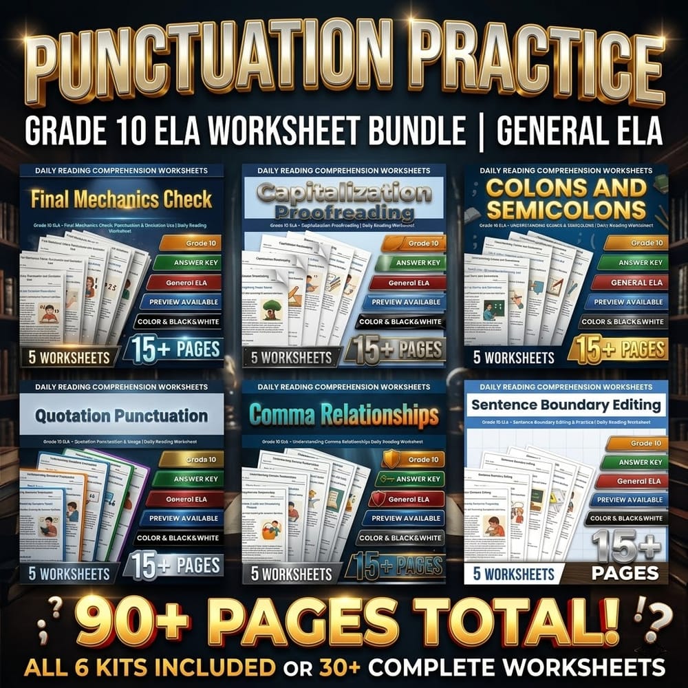 Grade 10 Punctuation & Editing ELA Lesson Bundle | General ELA Daily Reading — bundle cover