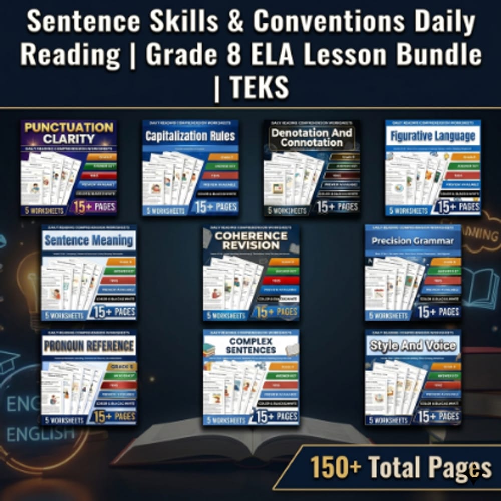 Sentence Skills & Conventions Daily Reading | Grade 8 ELA Lesson Bundle | TEKS — bundle cover