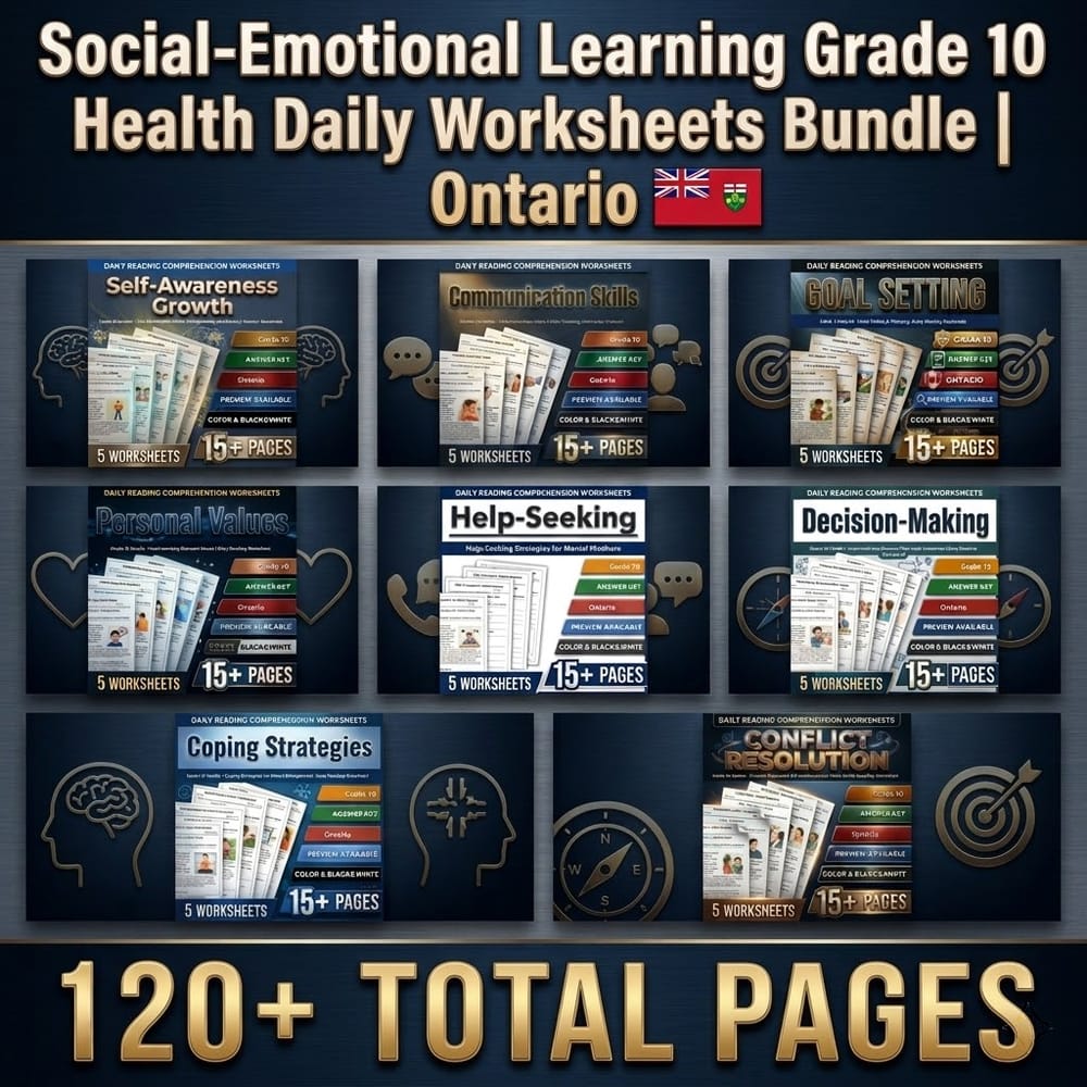 Social-Emotional Learning Grade 10 Health Daily  Worksheets Bundle | Ontario — bundle cover