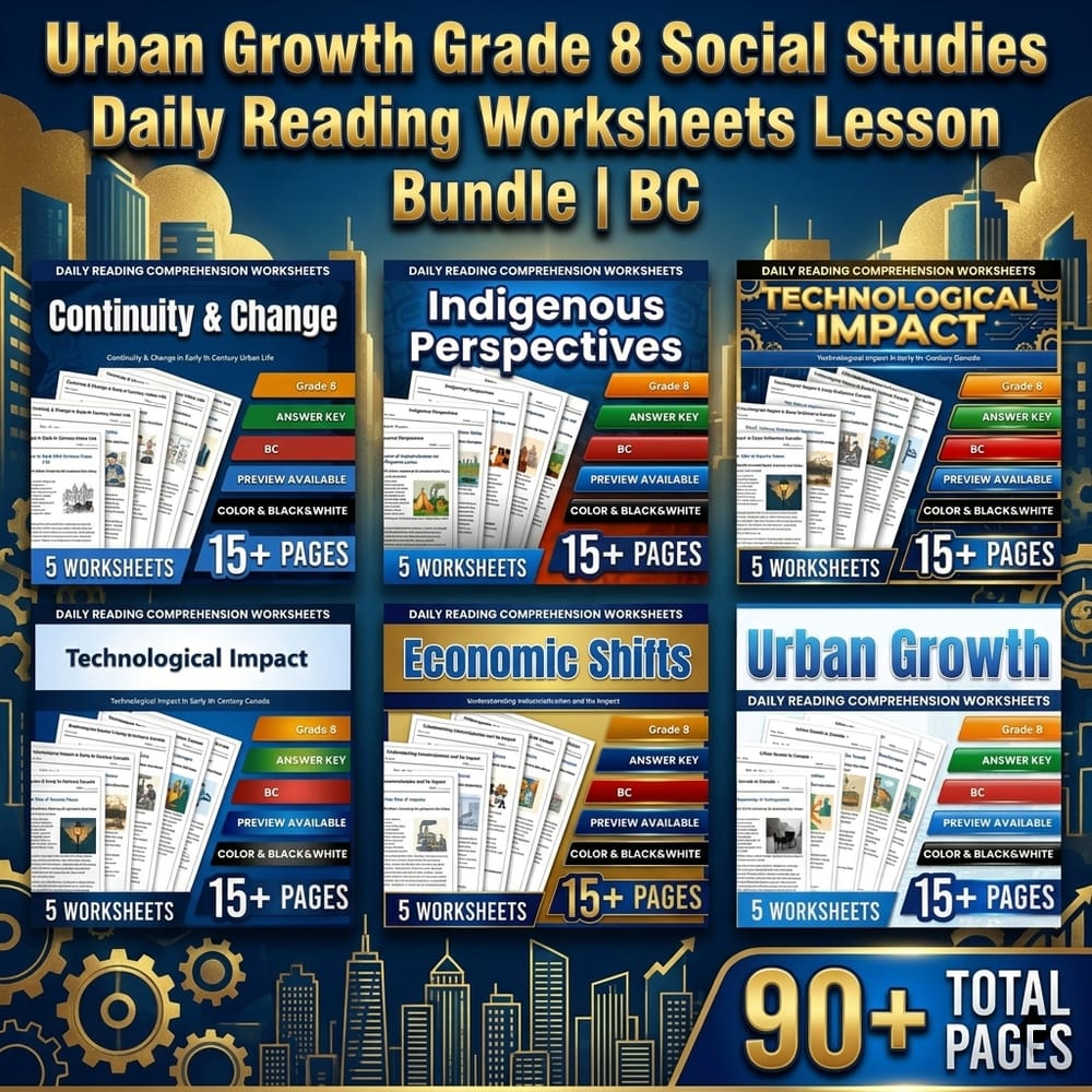 Urban Growth Grade 8 Social Studies Daily Reading Worksheets Lesson Bundle | BC — bundle cover