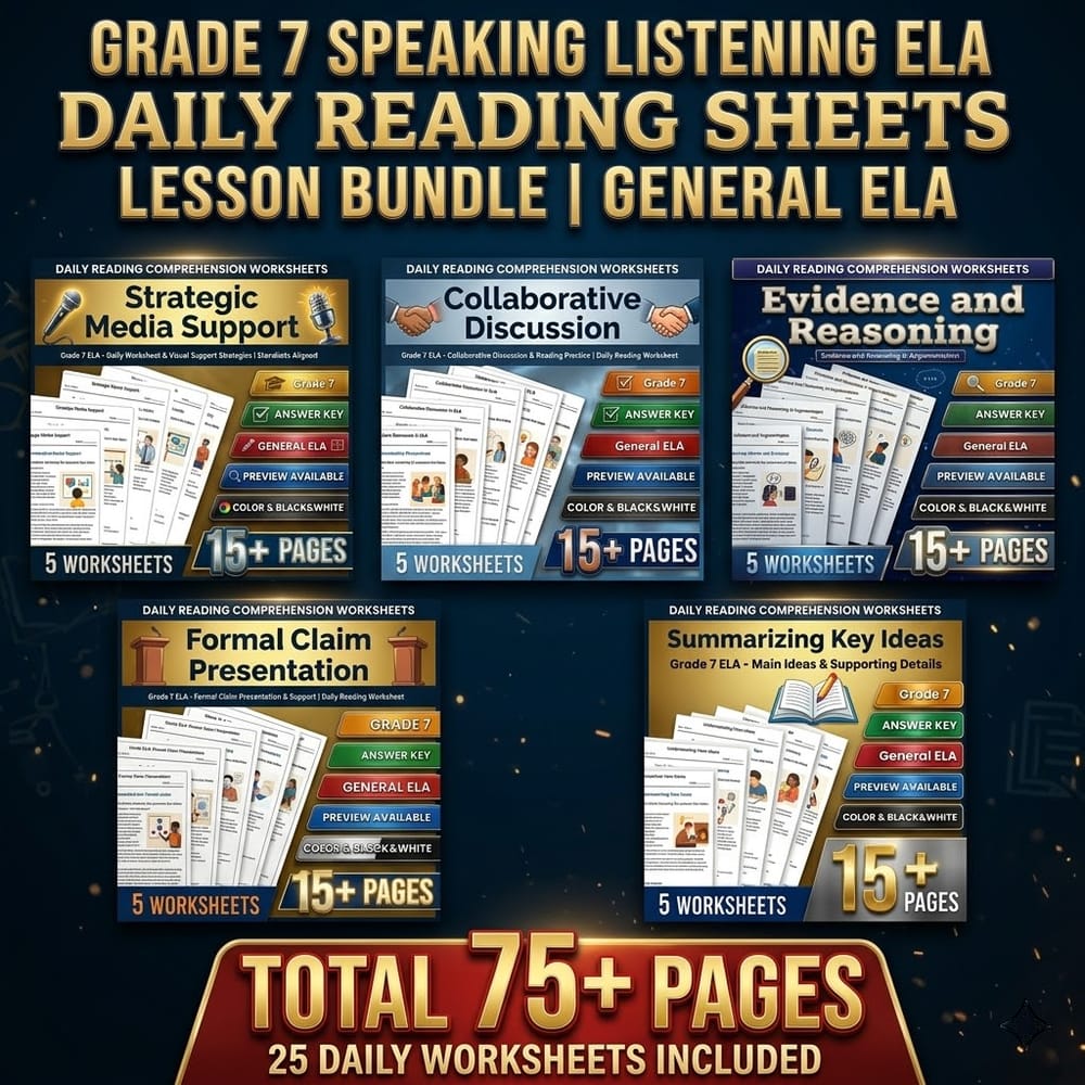 Grade 7 Speaking Listening ELA Daily Reading Sheets Lesson Bundle | General ELA — bundle cover