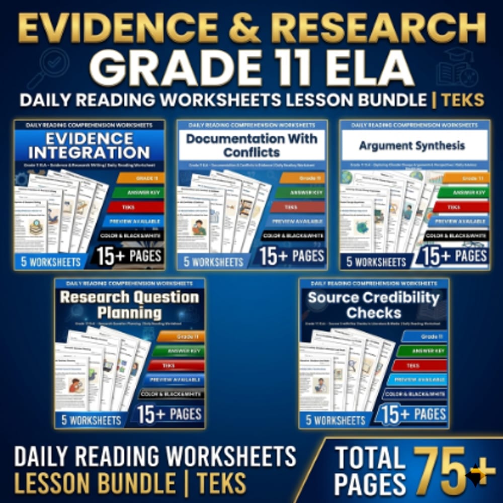 Evidence & Research Grade 11 ELA Daily Reading Worksheets Lesson Bundle | TEKS — bundle cover