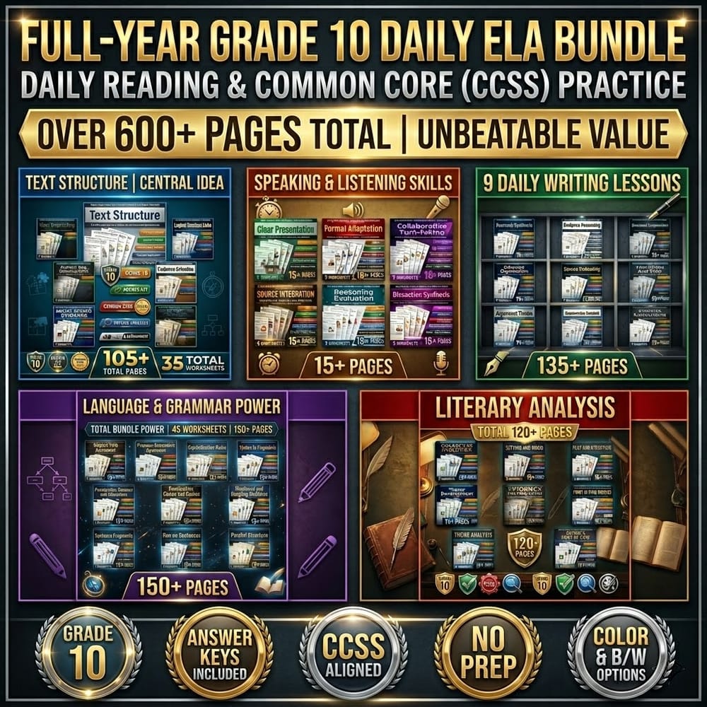 Grade 10 Daily Reading ELA Full-Year Bundle for Common Core (CCSS) — bundle cover