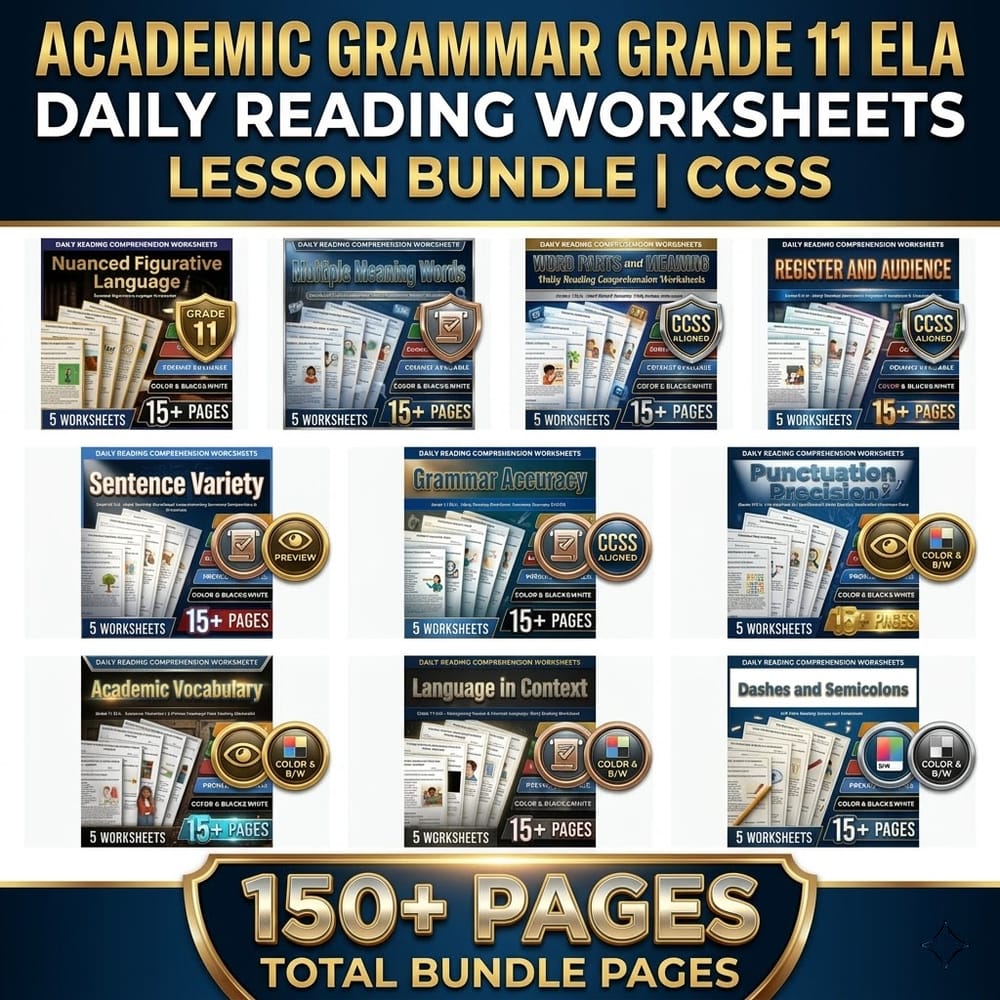 Academic Grammar Grade 11 ELA Daily Reading Worksheets Lesson Bundle | CCSS — bundle cover