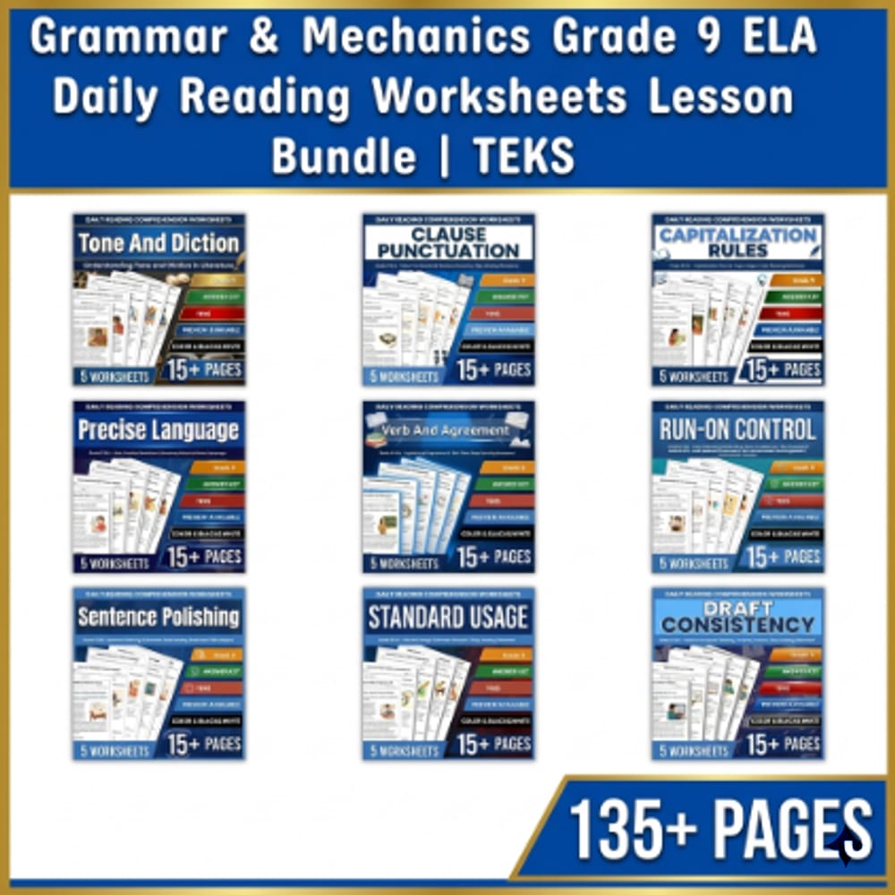 Grammar & Mechanics Grade 9 ELA Daily Reading Worksheets Lesson Bundle | TEKS — bundle cover