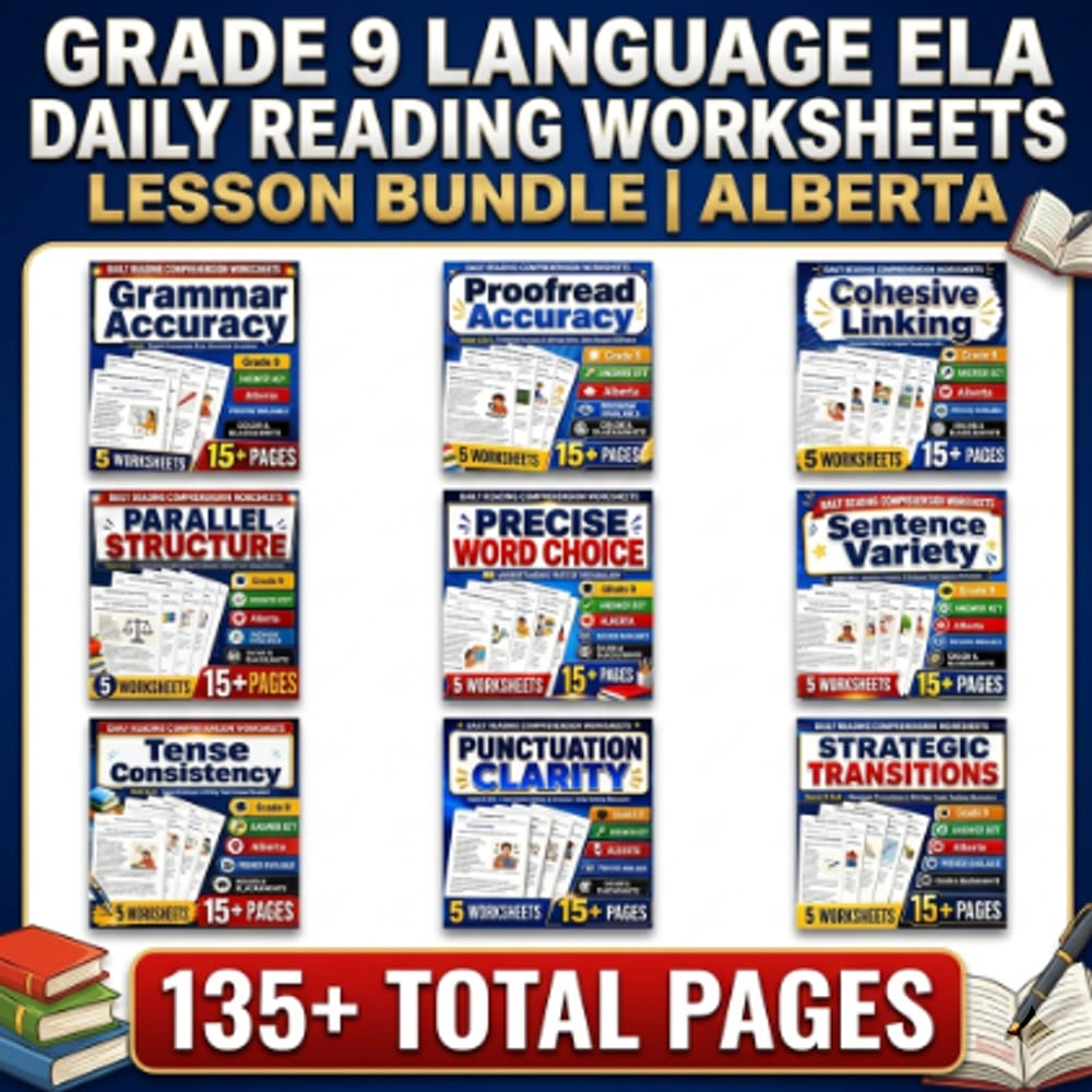 Grade 9 Language ELA Daily Reading Worksheets Lesson Bundle | Alberta — bundle cover