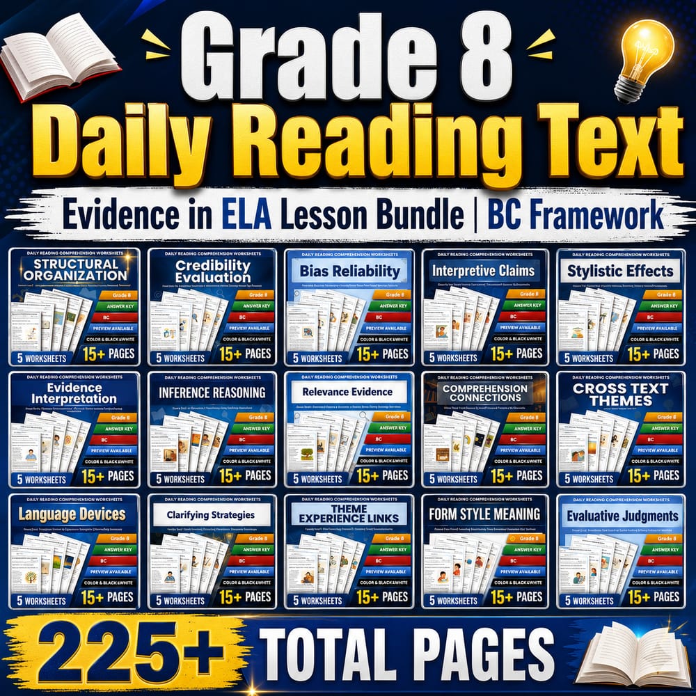 Grade 8 Daily Reading Text Evidence in ELA Lesson Bundle | BC Framework — bundle cover