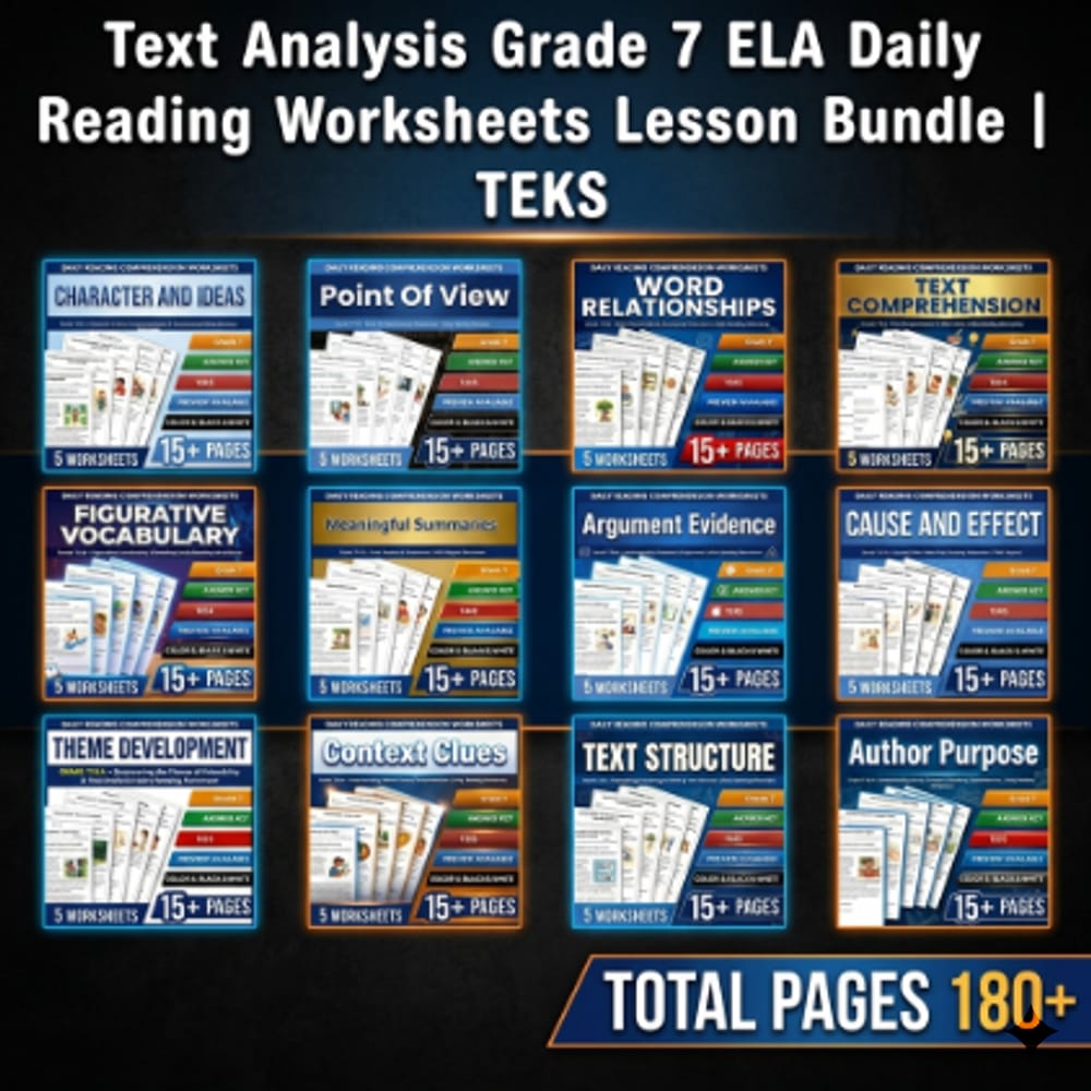 Text Analysis Grade 7 ELA Daily Reading Worksheets Lesson Bundle | TEKS — bundle cover