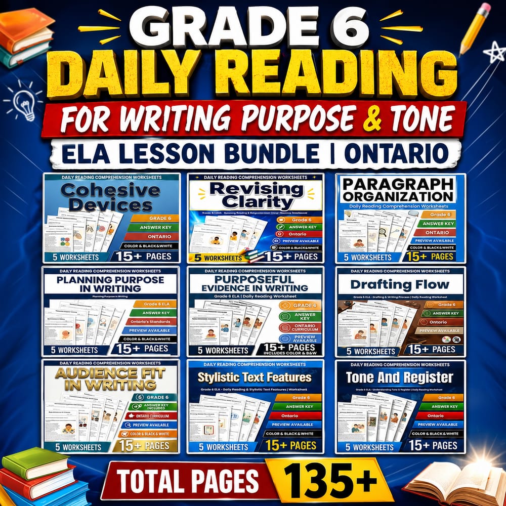 Grade 6 Daily Reading for Writing Purpose & Tone ELA Lesson Bundle | Ontario — bundle cover
