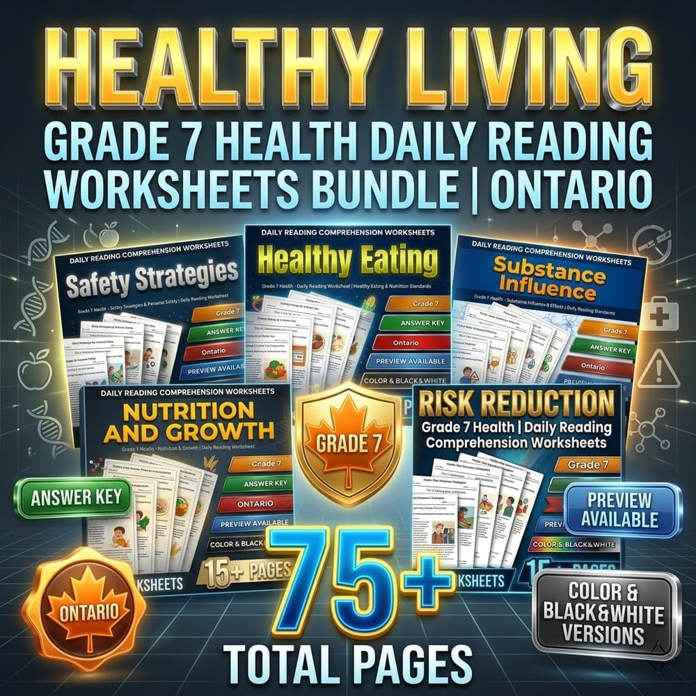 Healthy Living Grade 7 Health Daily Reading Worksheets Bundle | Ontario — bundle cover