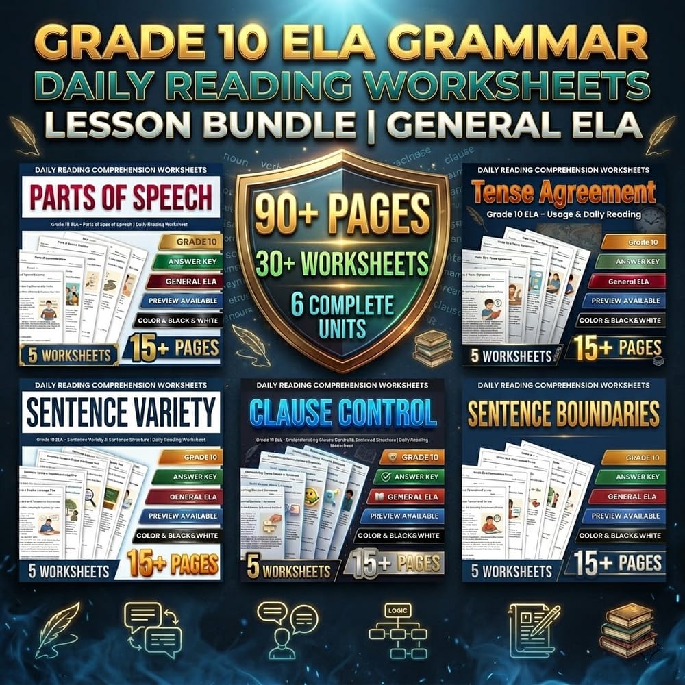 Grade 10 ELA Grammar Daily Reading Worksheets Lesson Bundle | General ELA — bundle cover