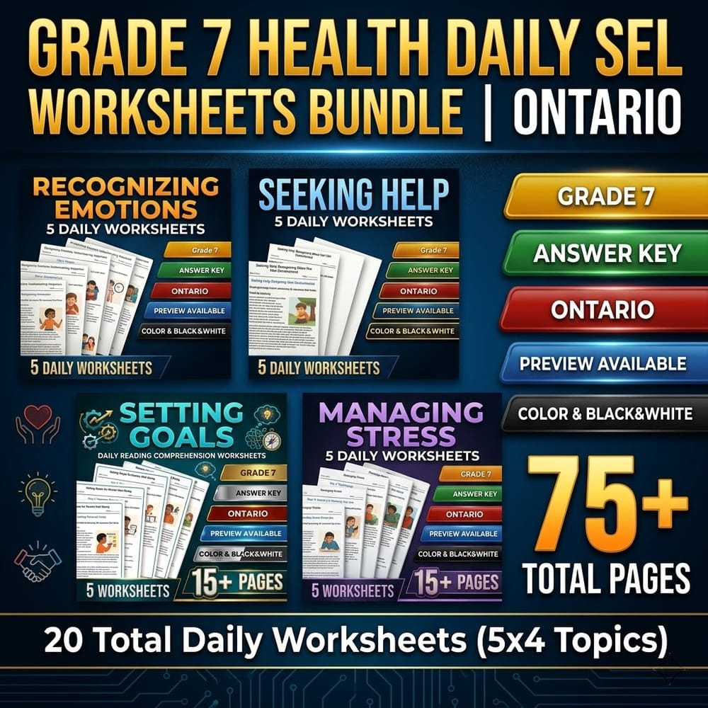 Social-Emotional Learning Grade 7 Health Daily Worksheets Bundle | Ontario — bundle cover